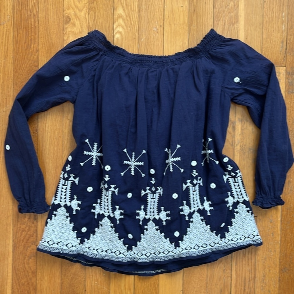 Joie Kistine 100% Cotton Navy Blue & White Embroidered Blouse Peasant Top XS - Picture 7 of 14